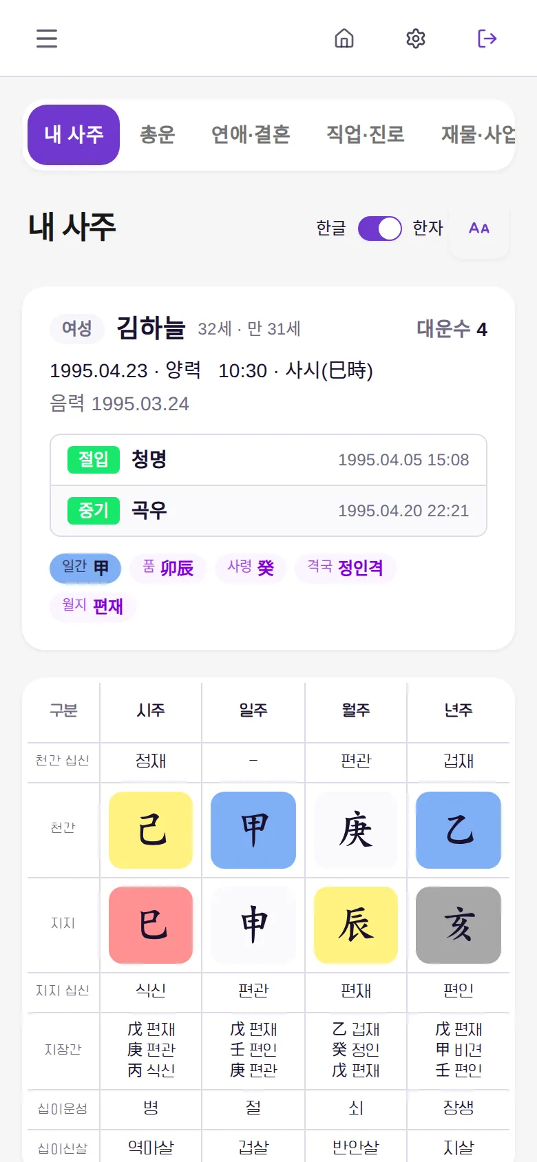 내 사주 보기 화면 — 프로필 카드와 사주팔자 명식표